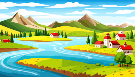 Vector illustration of a house in a rural area surrounded by panoramic meadows, mountains, and idyllic countryside.のイラスト素材