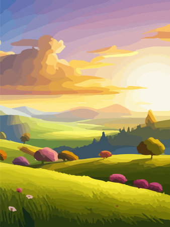 View of a green meadow on the hills with blue sky, vector cartoon spring or summer landscape, panoramic rural mountainのイラスト素材