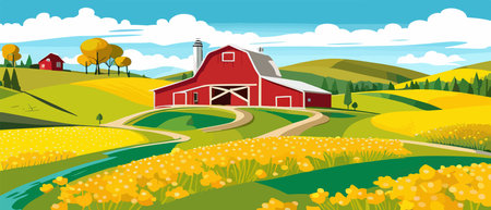 Landscape of green fields of farmland, barns and farms, rural houses. Vector grassland with buildings, green grassのイラスト素材