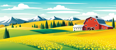 Landscape of green fields of farmland, barns and farms, rural houses. Vector grassland with buildings, green grassのイラスト素材