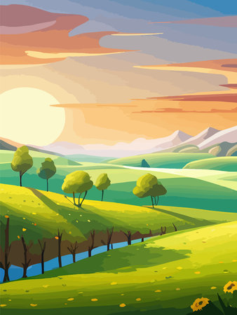 View of a green meadow on the hills with blue sky, vector cartoon spring or summer landscape, panoramic rural mountainのイラスト素材