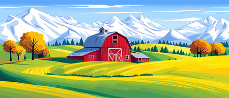 Landscape of green fields of farmland, barns and farms, rural houses. Vector grassland with buildings, green grassのイラスト素材