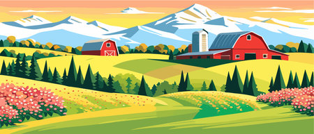 Landscape of green fields of farmland, barns and farms, rural houses. Vector grassland with buildings, green grassのイラスト素材
