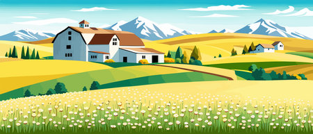 Landscape of green fields of farmland, barns and farms, rural houses. Vector grassland with buildings, green grassのイラスト素材