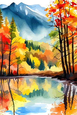 Watercolor landscape. Autumn forest on the lake shore vector illustration autumnal trees on the shore of calm forestのイラスト素材