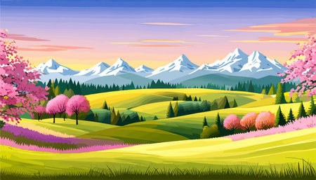 Nature and landscape. Vector illustration of trees, forest, mountains, flowers, plants, field. Picture for backgroundのイラスト素材