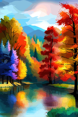 Watercolor landscape. Autumn forest on the lake shore vector illustration autumnal trees on the shore of calm forestのイラスト素材