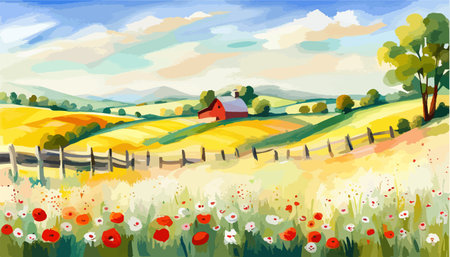 Farm scene with red barn dirt road and farm with red barn wildflowers, spring landscape. Vector illustration Farmのイラスト素材
