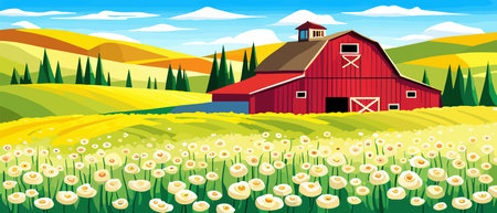 Landscape of green fields of farmland, barns and farms, rural houses. Vector grassland with buildings, green grassのイラスト素材