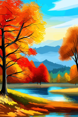 Watercolor landscape. Autumn forest on the lake shore vector illustration autumnal trees on the shore of calm forestのイラスト素材