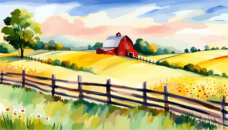 Farm scene with red barn dirt road and farm with red barn wildflowers, spring landscape. Vector illustration Farmのイラスト素材