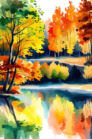 Watercolor landscape. Autumn forest on the lake shore vector illustration autumnal trees on the shore of calm forestのイラスト素材