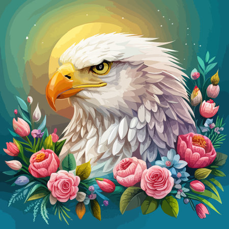 Stunning illustration of an eagle with a floral ornament. Multicolored surreal elements. close-up vector illustration.のイラスト素材