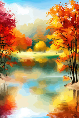 Watercolor landscape. Autumn forest on the lake shore vector illustration autumnal trees on the shore of calm forestのイラスト素材