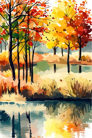 Watercolor landscape. Autumn forest on the lake shore vector illustration autumnal trees on the shore of calm forestのイラスト素材
