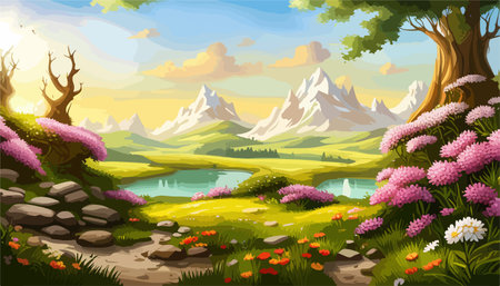 Vector illustration of a landscape with a field of blooming bright flowers, distant misty mountains on the horizonのイラスト素材
