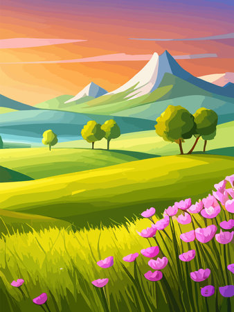 View of a green meadow on the hills with blue sky, vector cartoon spring or summer landscape, panoramic rural mountainのイラスト素材