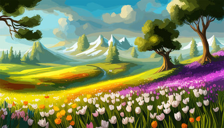 Vector illustration of a landscape with a field of blooming bright flowers, distant misty mountains on the horizonのイラスト素材