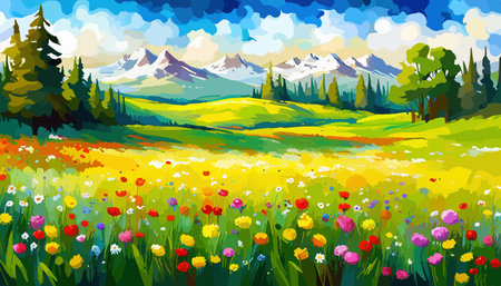 Oil painting wild flowers, cornflower, chamomile fields.のイラスト素材
