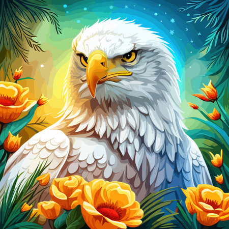 Stunning illustration of an eagle with a floral ornament. Multicolored surreal elements. close-up vector illustration.のイラスト素材