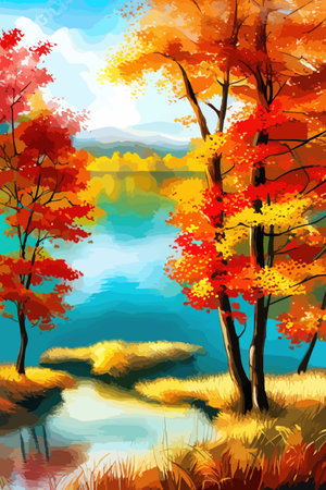 Watercolor landscape. Autumn forest on the lake shore vector illustration autumnal trees on the shore of calm forestのイラスト素材