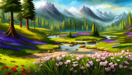 Vector illustration of a landscape with a field of blooming bright flowers, distant misty mountains on the horizonのイラスト素材