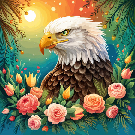 Stunning illustration of an eagle with a floral ornament. Multicolored surreal elements. close-up vector illustration.のイラスト素材
