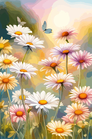 Field spring wildflowers chamomile close-up with flying butterflies, illuminated in the morning, vector illustrationのイラスト素材