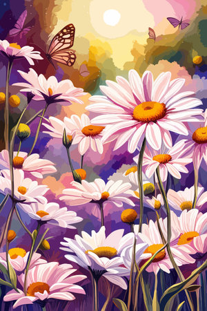 Field spring wildflowers chamomile close-up with flying butterflies, illuminated in the morning, vector illustrationのイラスト素材