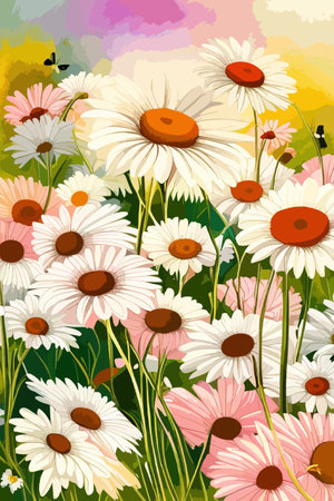 Field spring wildflowers chamomile close-up with flying butterflies, illuminated in the morning, vector illustrationのイラスト素材