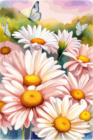 Field spring wildflowers chamomile close-up with flying butterflies, illuminated in the morning, vector illustrationのイラスト素材
