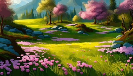 Vector illustration of a landscape with a field of blooming bright flowers, distant misty mountains on the horizonのイラスト素材