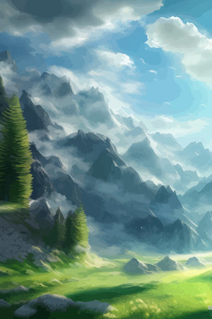 Flat natural view of green plants, flowers and mountains. spring landscape. spring landscape in green field colorfulのイラスト素材
