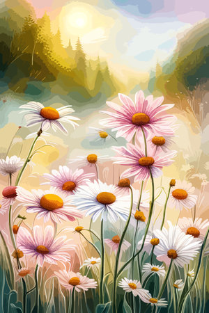 Field spring wildflowers chamomile close-up with flying butterflies, illuminated in the morning, vector illustrationのイラスト素材
