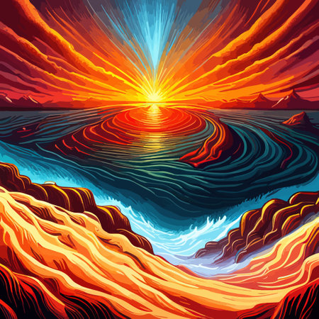 Volcano crater eruption with red-hot glowing magma, active volcanic explosion with lava, splashes, rocks, flashesのイラスト素材