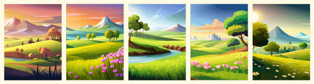 View of a green meadow on the hills with blue sky, vector cartoon spring or summer landscape, panoramic rural mountainのイラスト素材