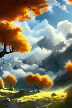 Flat natural view of green plants, flowers and mountains. spring landscape. spring landscape in green field colorfulのイラスト素材