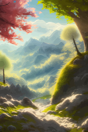 Flat natural view of green plants, flowers and mountains. spring landscape. spring landscape in green field colorfulのイラスト素材