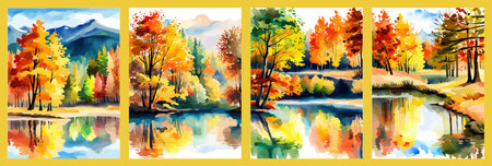 Watercolor landscape. Autumn forest on the lake shore vector illustration autumnal trees on the shore of calm forestのイラスト素材