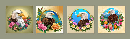 Stunning illustration of an eagle with a floral ornament. Multicolored surreal elements. close-up vector illustration.のイラスト素材