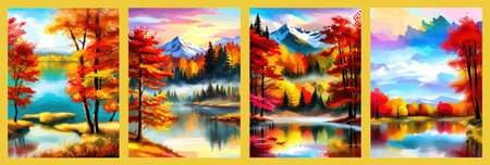 Watercolor landscape. Autumn forest on the lake shore vector illustration autumnal trees on the shore of calm forestのイラスト素材