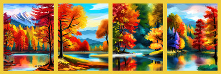 Watercolor landscape. Autumn forest on the lake shore vector illustration autumnal trees on the shore of calm forestのイラスト素材