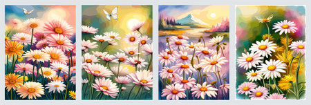 Field spring wildflowers chamomile close-up with flying butterflies, illuminated in the morning, vector illustrationの写真素材