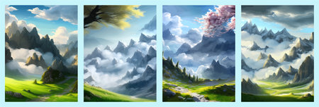 Flat natural view of green plants, flowers and mountains. spring landscape. spring landscape in green field colorfulの写真素材