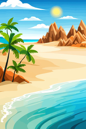 Top view of the summer sea beach. Top view of the ocean beach with soft waves. Beautiful background with shellsのイラスト素材