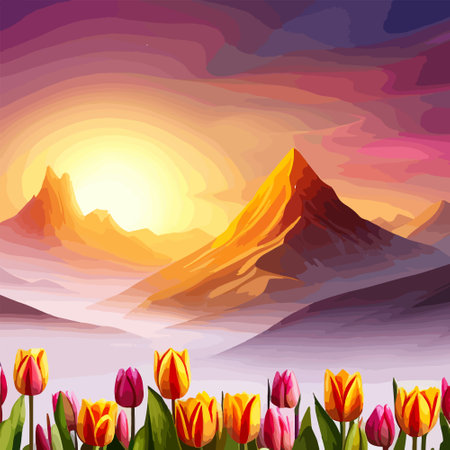 Spring landscape field tulips against backdrop mountains. Huge field colorful tulips, sky with clouds and sunset with sunbeams.のイラスト素材