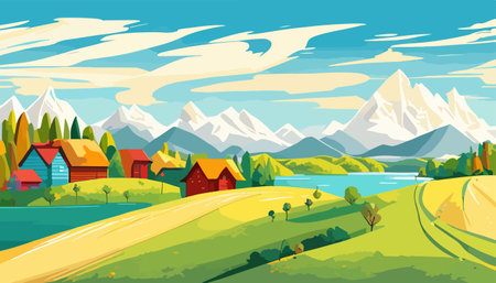 Vector illustration of a house in a rural area surrounded by panoramic meadows, mountains, and idyllic countryside.のイラスト素材