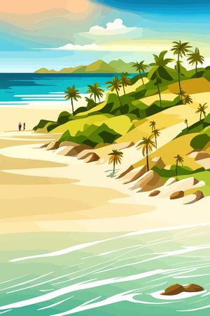 Top view of the summer sea beach. Top view of the ocean beach with soft waves. Beautiful background with shellsのイラスト素材