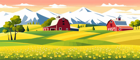 Landscape of green fields of farmland, barns and farms, rural houses. Vector grassland with buildings, green grassのイラスト素材
