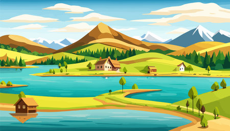 Vector illustration of a house in a rural area surrounded by panoramic meadows, mountains, and idyllic countryside.のイラスト素材